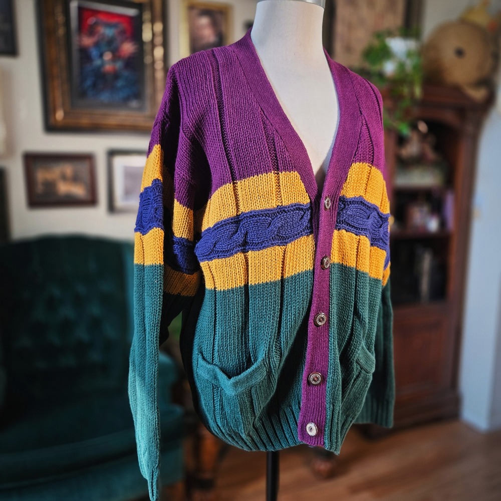 Body Equip Cardigan Vintage 90s Colorblock Knit Purple Green Gold Sweater Mens S - Picture 3 of 7